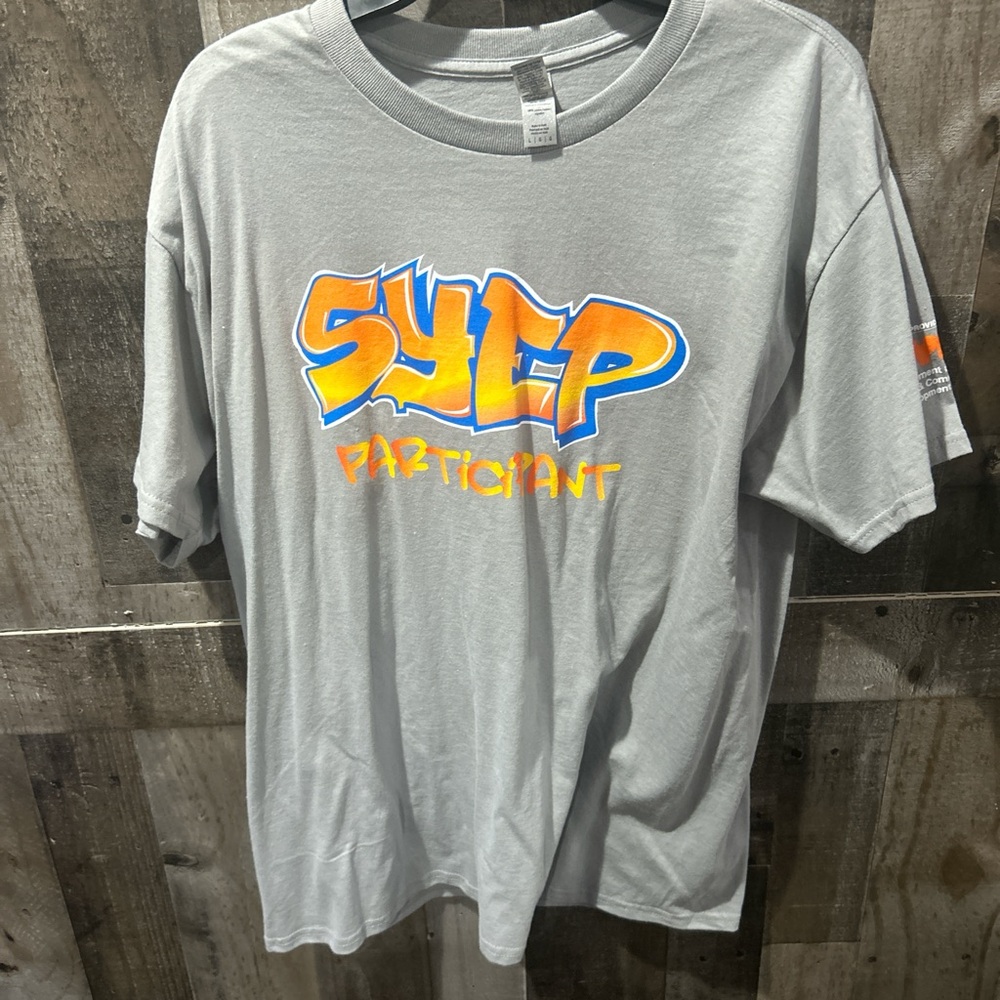 Gildan Light Gray Graphic Tee with Orange and Blue Print
